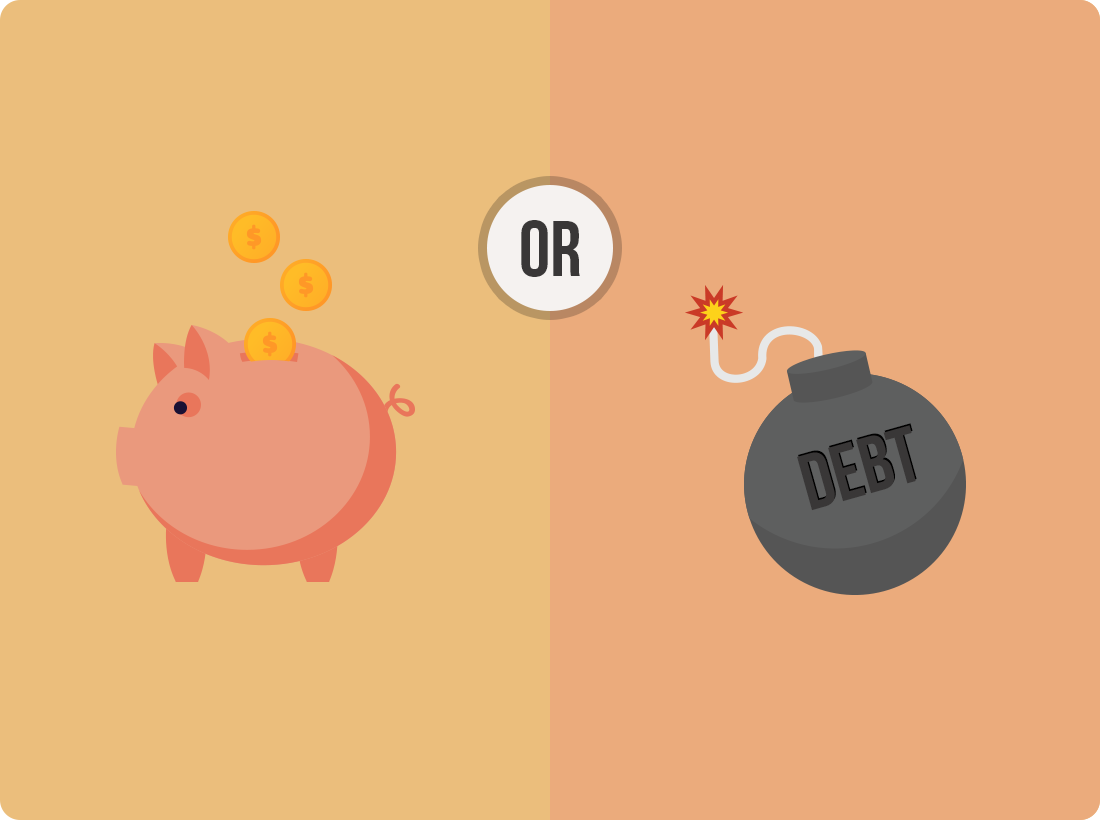 Illustration depicting on the left side, a piggybank, and on the right, a bomb with the fuse lit.